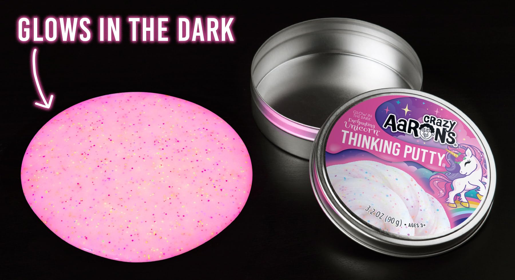 Crazy Aaron's Glow in the Dark Unicorn Thinking Putty - Pink Glow, Rainbow Glitter, Non-Toxic, 90g