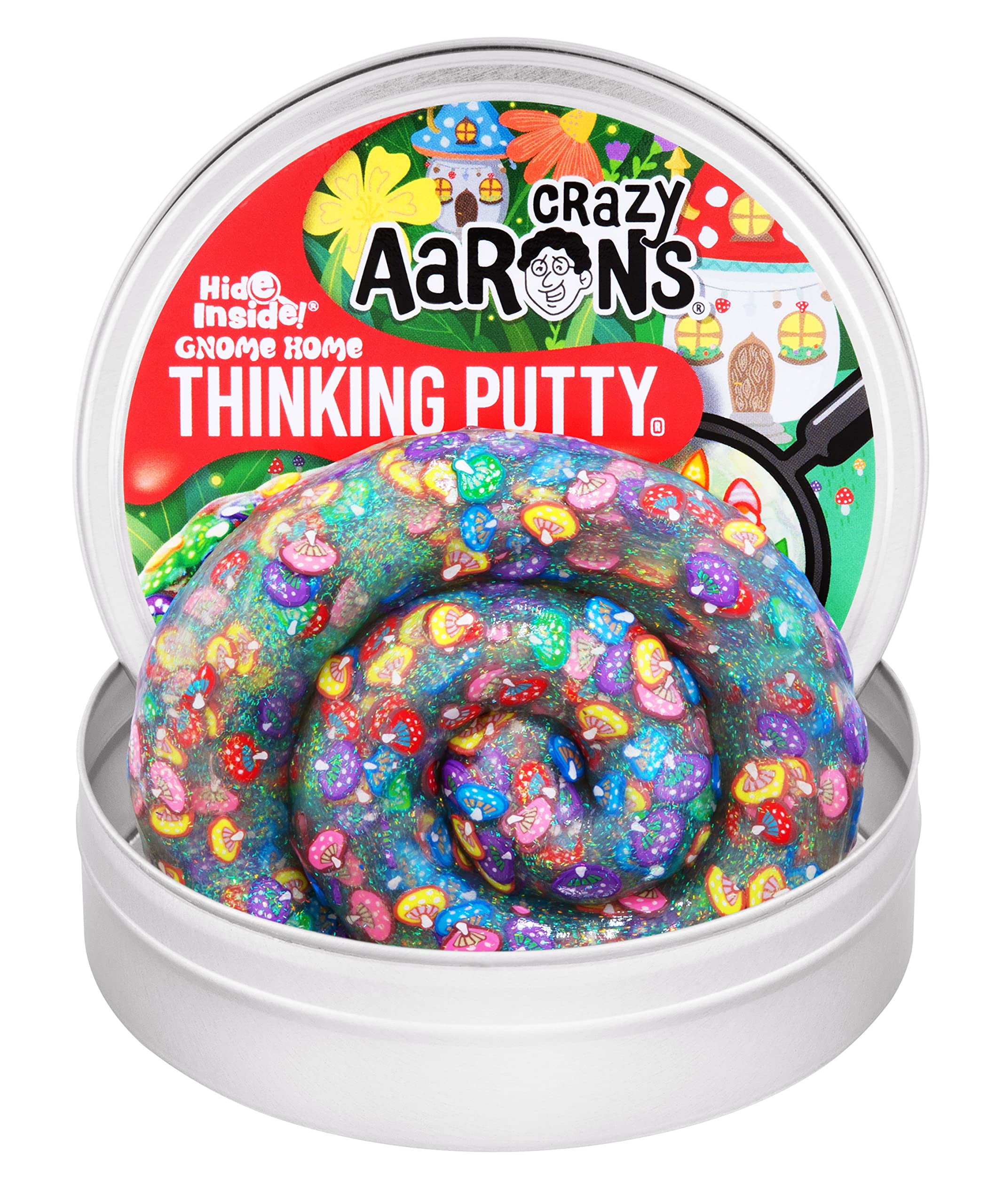 Crazy Aaron's Gnome Home Thinking Putty – Clear Putty with Mushroom Pieces & 6 Hidden Gnomes, 4-Inch Tin