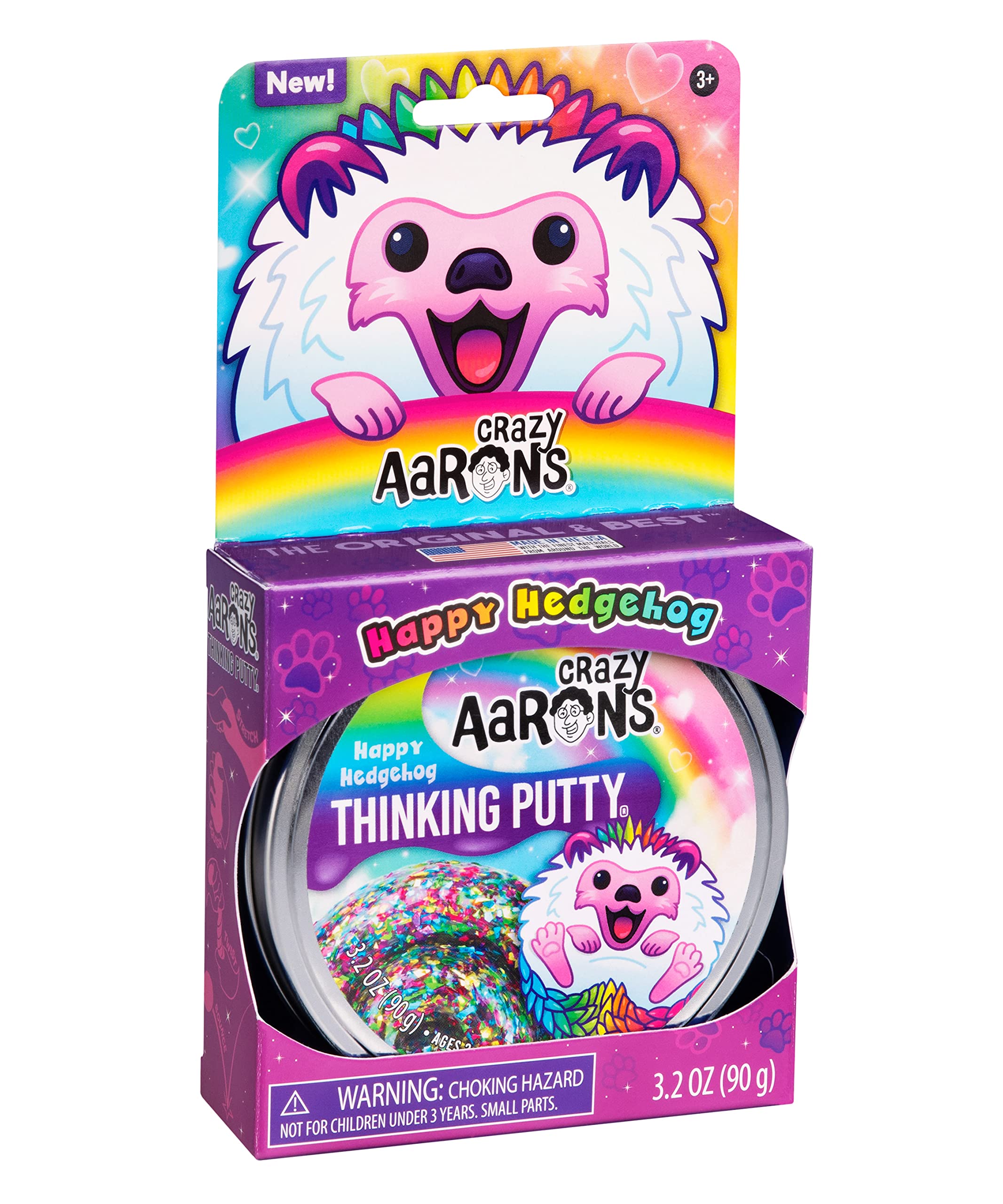 Crazy Aaron's Happy Hedgehog Thinking Putty – Clear Putty with Rainbow Glitter, Never Dries Out, 4-Inch Tin, 90g