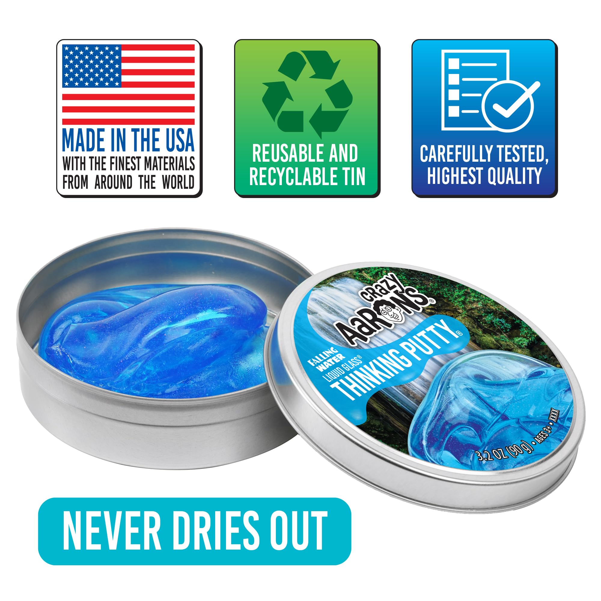 Crazy Aaron's Thinking Putty Falling Water – 4" Tin, 90g Transparent Silicone Putty, Non-Sticky, Made in USA