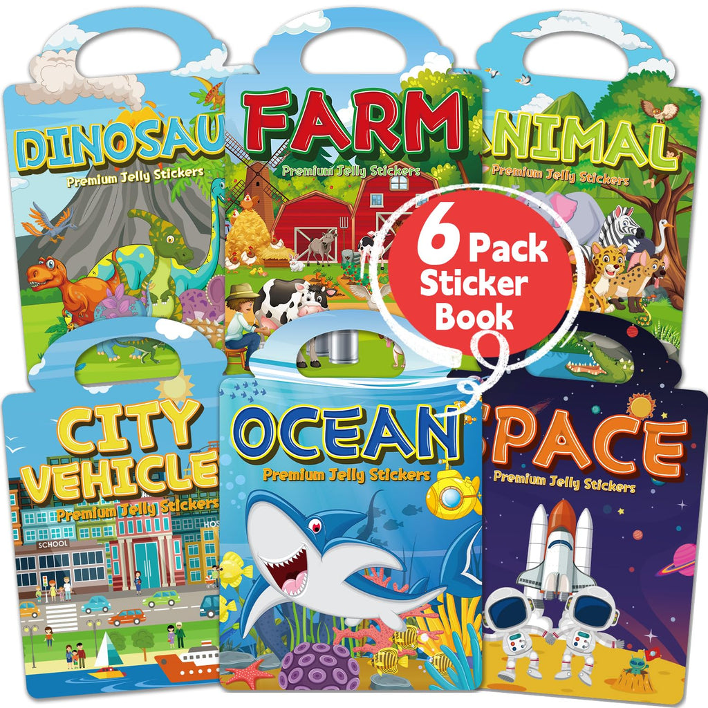 CREATIVETREES 6-Pack Reusable Jelly Sticker Books for Toddlers Ages 3-6 – Silicone, Waterproof, Travel Activity Toys with 6 Themes