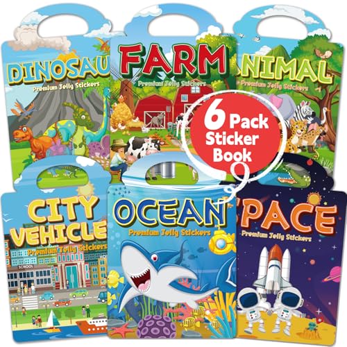 CREATIVETREES 6-Pack Reusable Jelly Sticker Books for Toddlers Ages 3-6 – Silicone, Waterproof, Travel Activity Toys with 6 Themes