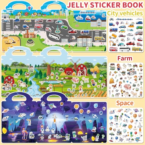 CREATIVETREES 6-Pack Reusable Jelly Sticker Books for Toddlers Ages 3-6 – Silicone, Waterproof, Travel Activity Toys with 6 Themes