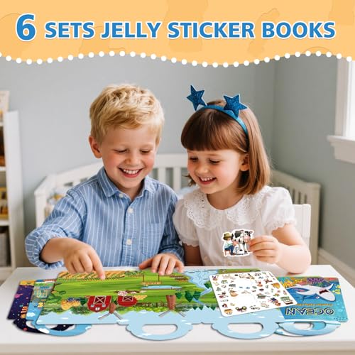 CREATIVETREES 6-Pack Reusable Jelly Sticker Books for Toddlers Ages 3-6 – Silicone, Waterproof, Travel Activity Toys with 6 Themes