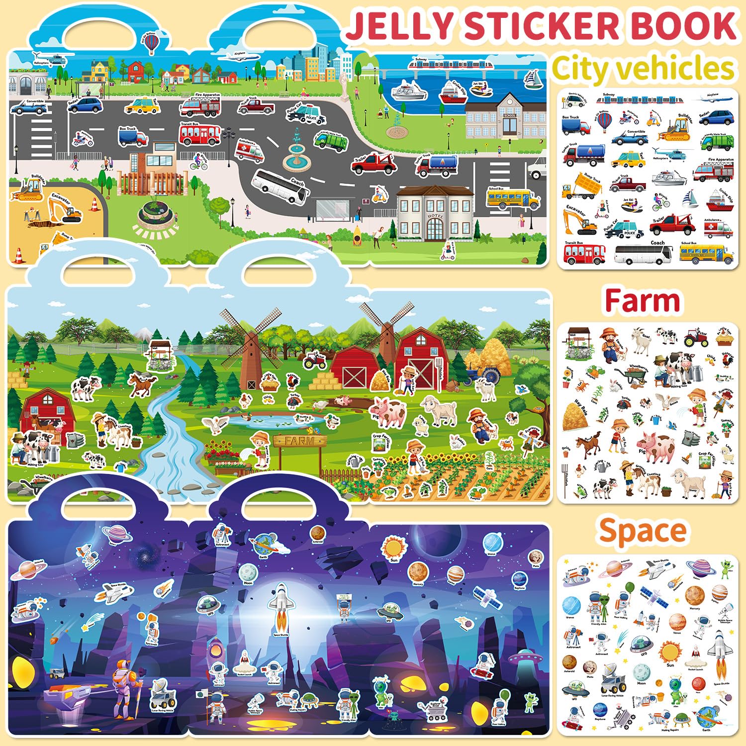CREATIVETREES 6-Pack Reusable Jelly Sticker Books for Toddlers Ages 3-6 – Silicone, Waterproof, Travel Activity Toys with 6 Themes