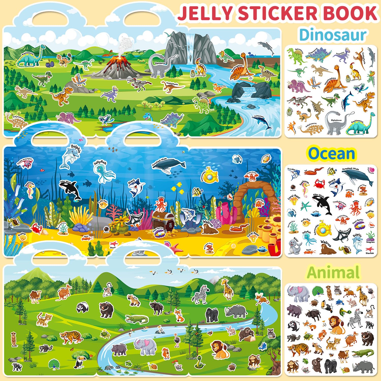 CREATIVETREES 6-Pack Reusable Jelly Sticker Books for Toddlers Ages 3-6 – Silicone, Waterproof, Travel Activity Toys with 6 Themes