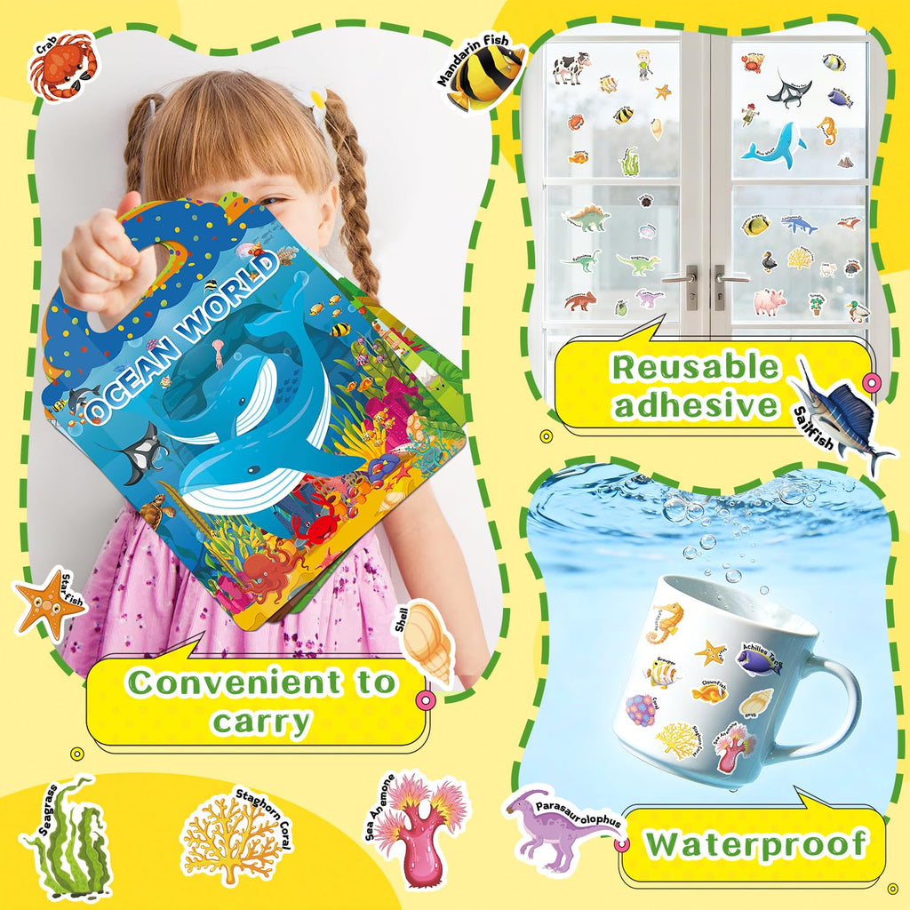 CREATIVETREES Reusable Jelly Sticker Book – 134 Silicone Stickers, Travel Toy for Toddlers Ages 3-6, Ocean Dinosaur Farm
