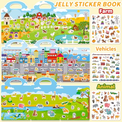 CREATIVETREES Reusable Jelly Sticker Book for Toddlers 3-6 - 6 Themes Silicone Stickers, Washable & Portable Activity Toy for Kids