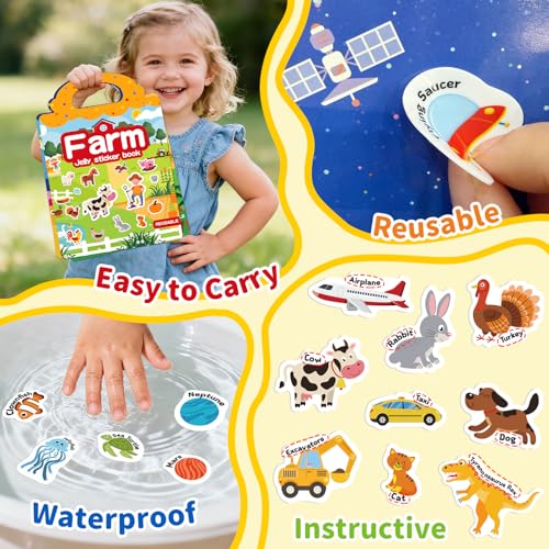 CREATIVETREES Reusable Jelly Sticker Book for Toddlers 3-6 - 6 Themes Silicone Stickers, Washable & Portable Activity Toy for Kids