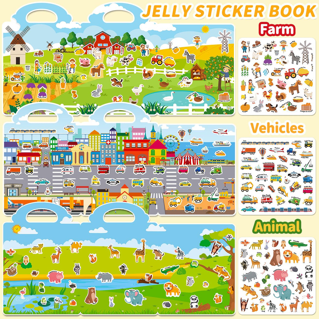 CREATIVETREES Reusable Jelly Sticker Book for Toddlers 3-6 - 6 Themes Silicone Stickers, Washable & Portable Activity Toy for Kids