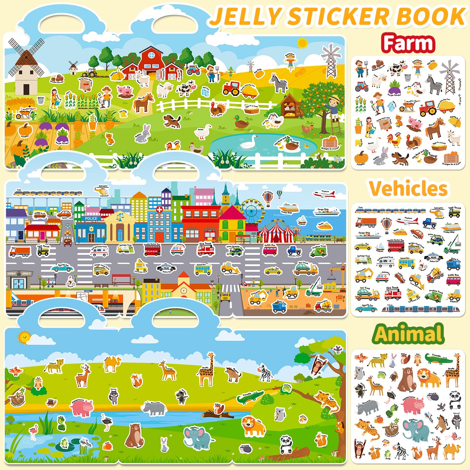 CREATIVETREES Reusable Jelly Sticker Book for Toddlers 3-6 - 6 Themes Silicone Stickers, Washable & Portable Activity Toy for Kids