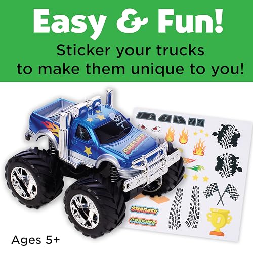 Creativity for Kids Monster Trucks Craft Kit – Customize 2 Pull-Back Toy Trucks with Stickers and Ramp, Ages 5-8