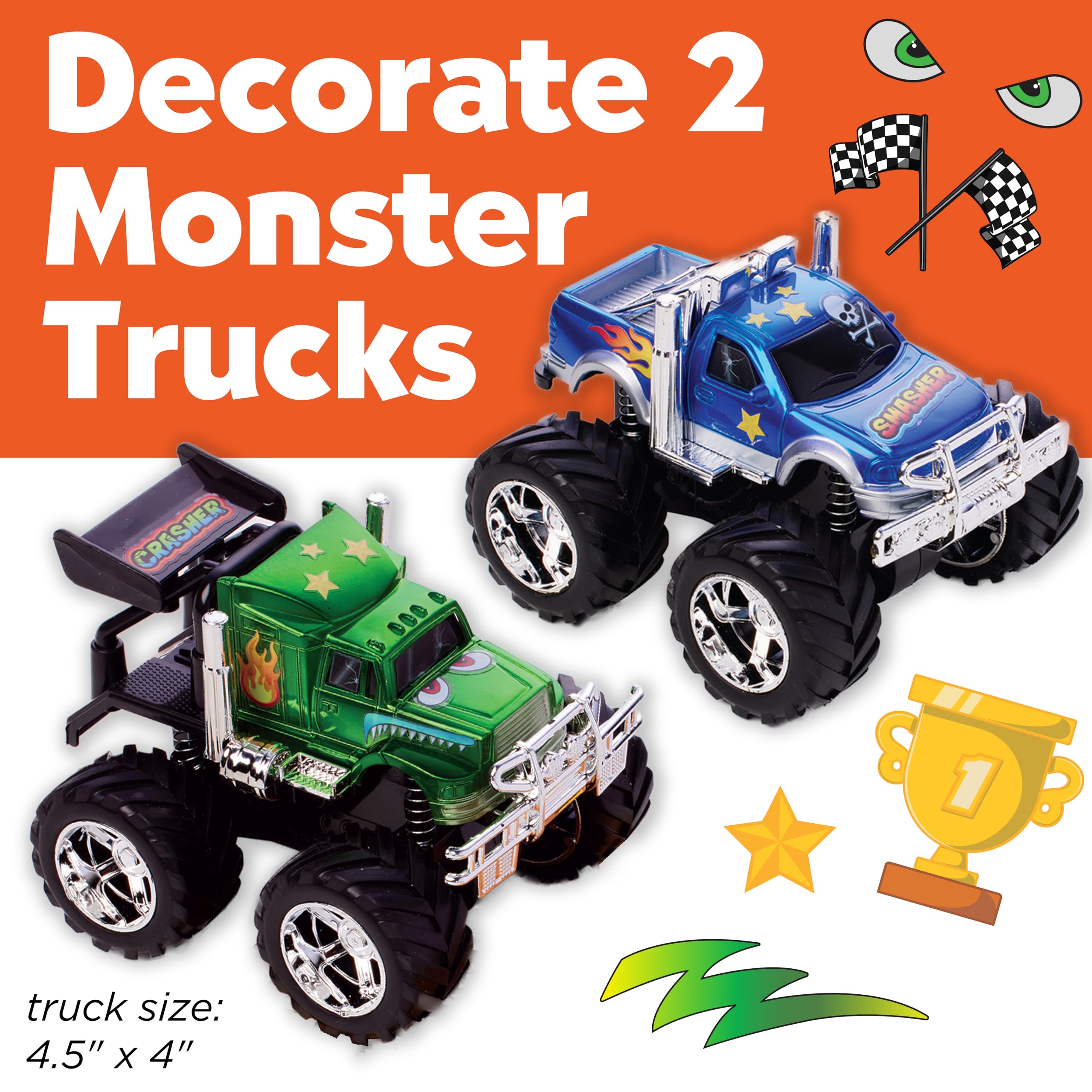 Creativity for Kids Monster Trucks Craft Kit – Customize 2 Pull-Back Toy Trucks with Stickers and Ramp, Ages 5-8