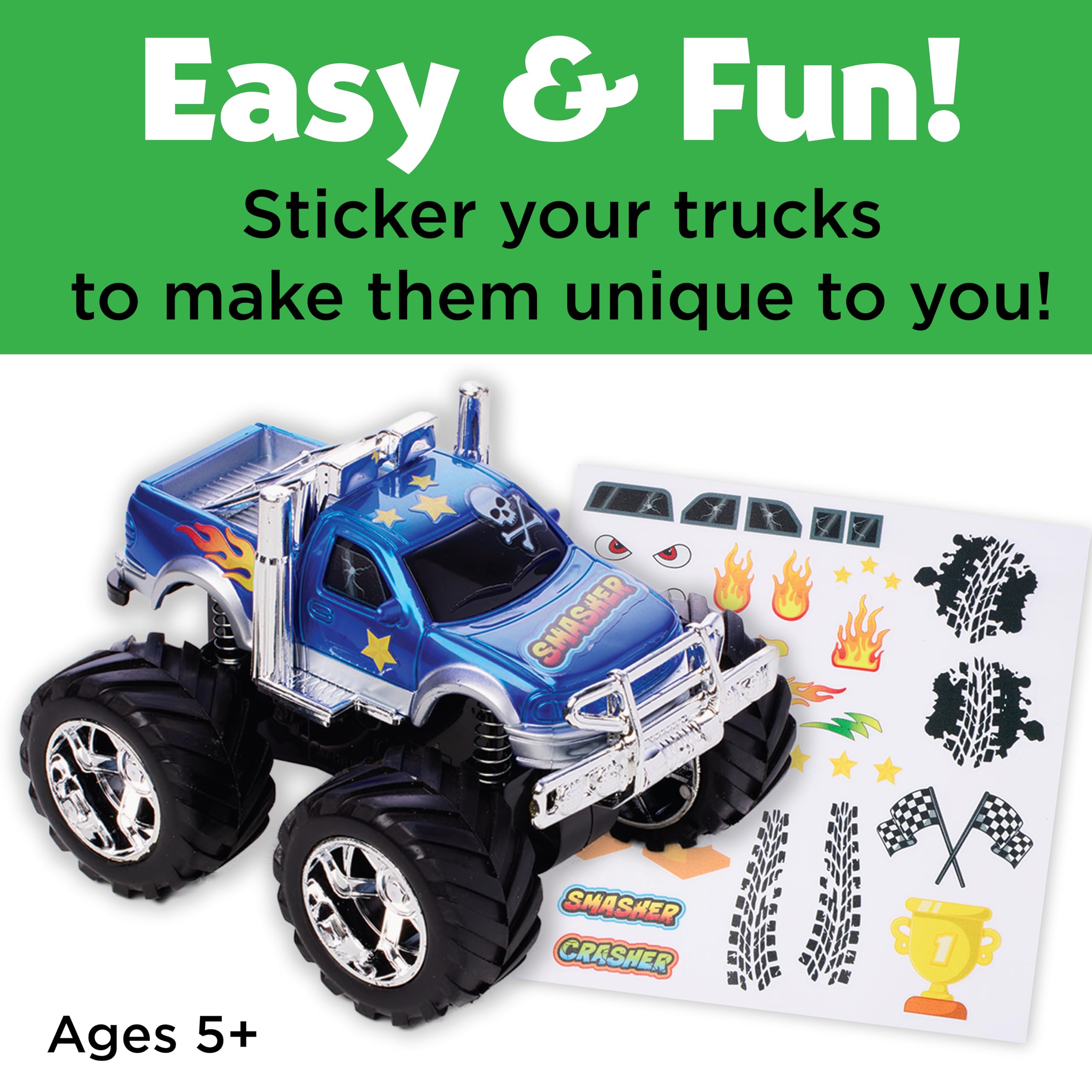 Creativity for Kids Monster Trucks Craft Kit – Customize 2 Pull-Back Toy Trucks with Stickers and Ramp, Ages 5-8