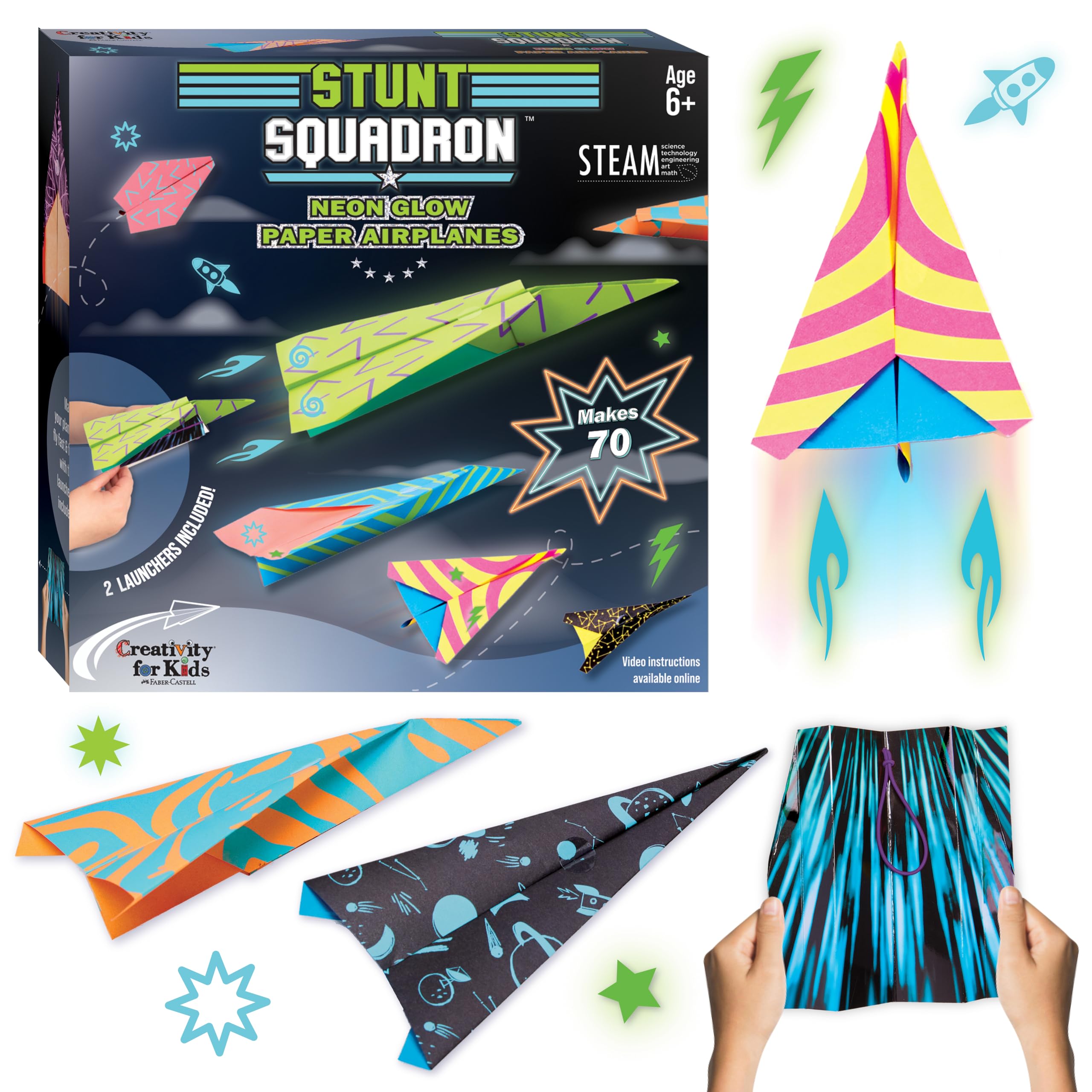Creativity for Kids Paper Airplane Kit: 70 Planes, 2 Launchers, Glow-in-Dark Stickers for Ages 6+