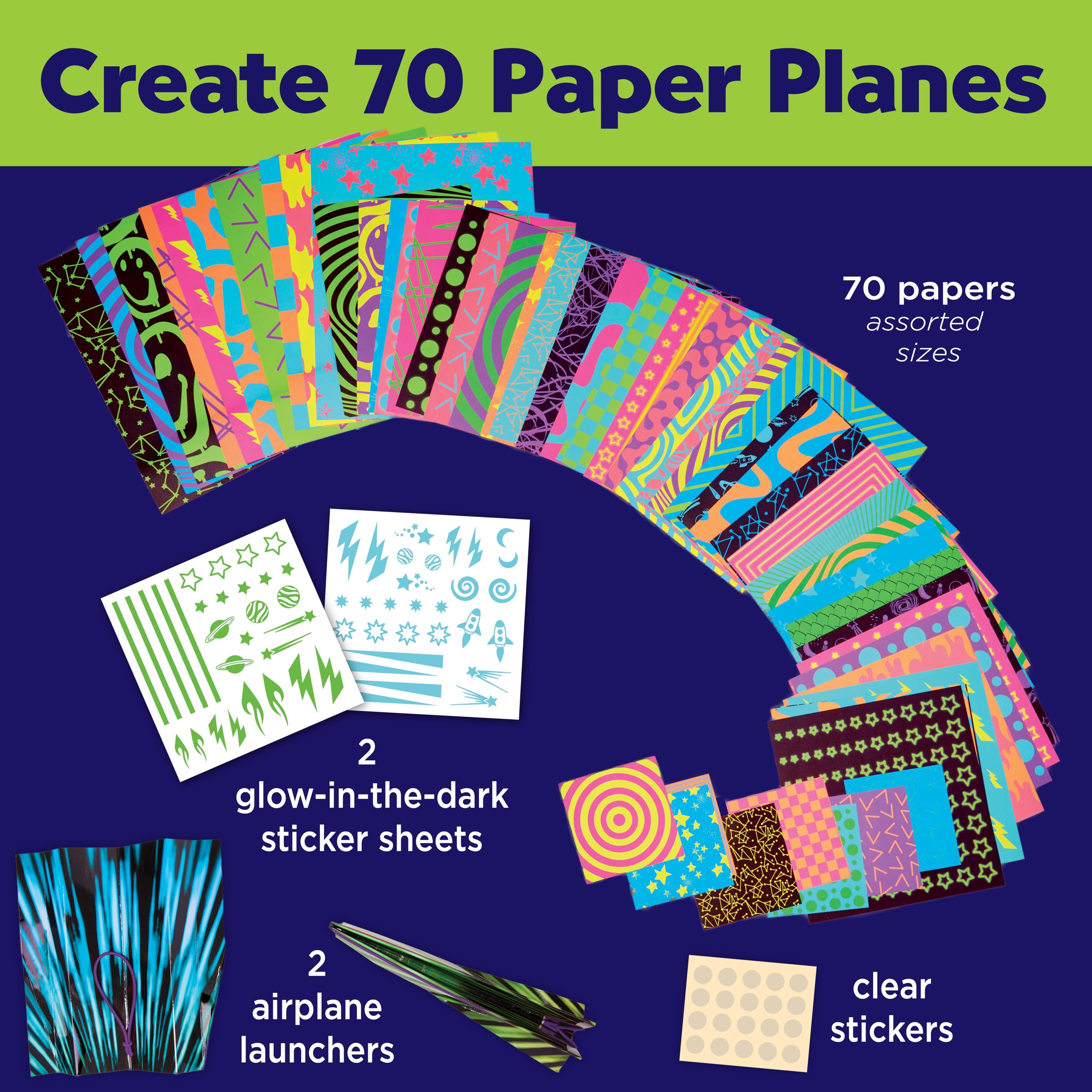 Creativity for Kids Paper Airplane Kit: 70 Planes, 2 Launchers, Glow-in-Dark Stickers for Ages 6+