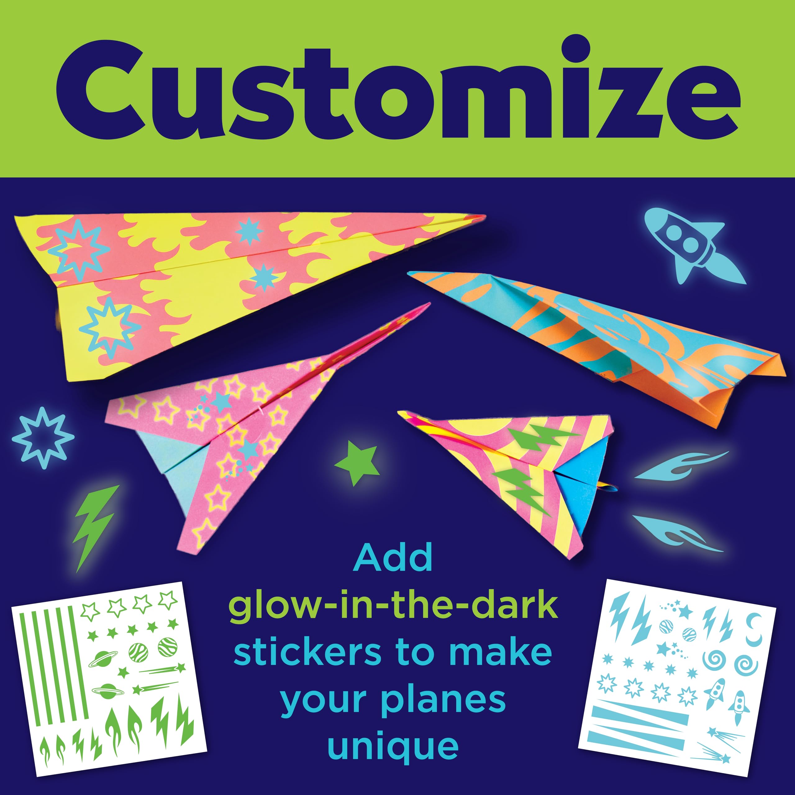 Creativity for Kids Paper Airplane Kit: 70 Planes, 2 Launchers, Glow-in-Dark Stickers for Ages 6+