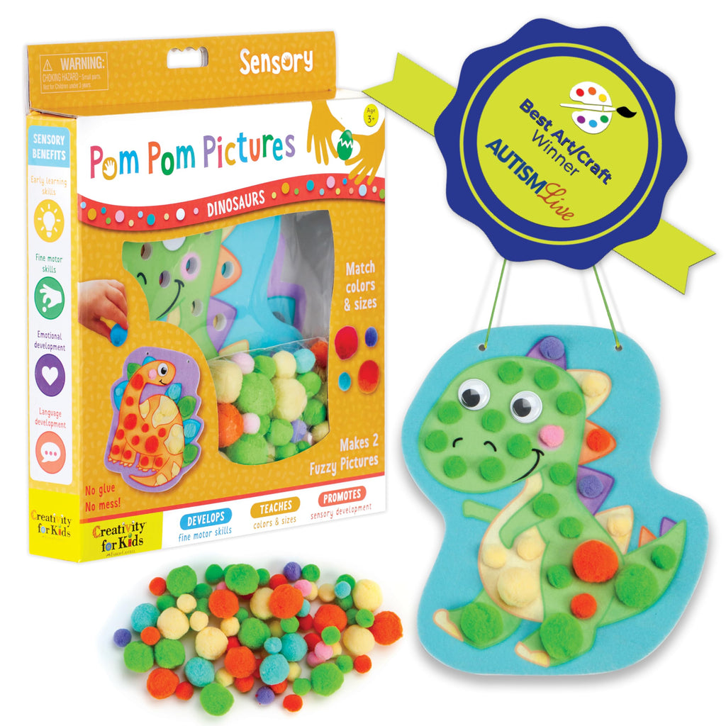 Creativity for Kids Pom Pom Pictures Dinosaurs Craft Kit – Toddler Sensory Play with Reusable Dinosaur Boards