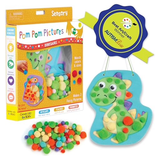 Creativity for Kids Pom Pom Pictures Dinosaurs Craft Kit – Toddler Sensory Play with Reusable Dinosaur Boards