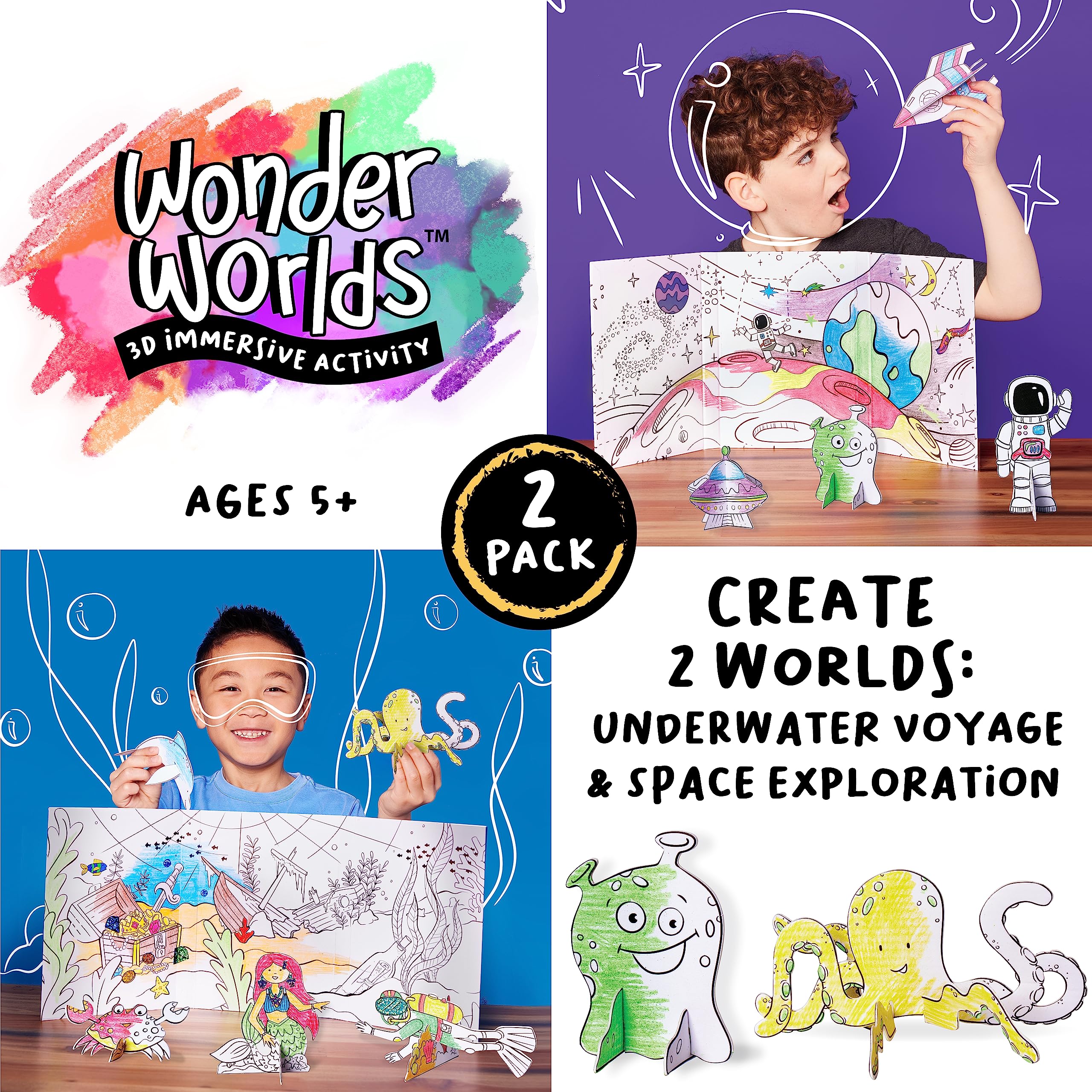 Creativity for Kids Wonder Worlds 3D Coloring Craft Kit 2 Pack - Outer Space & Underwater Voyage for Ages 5+
