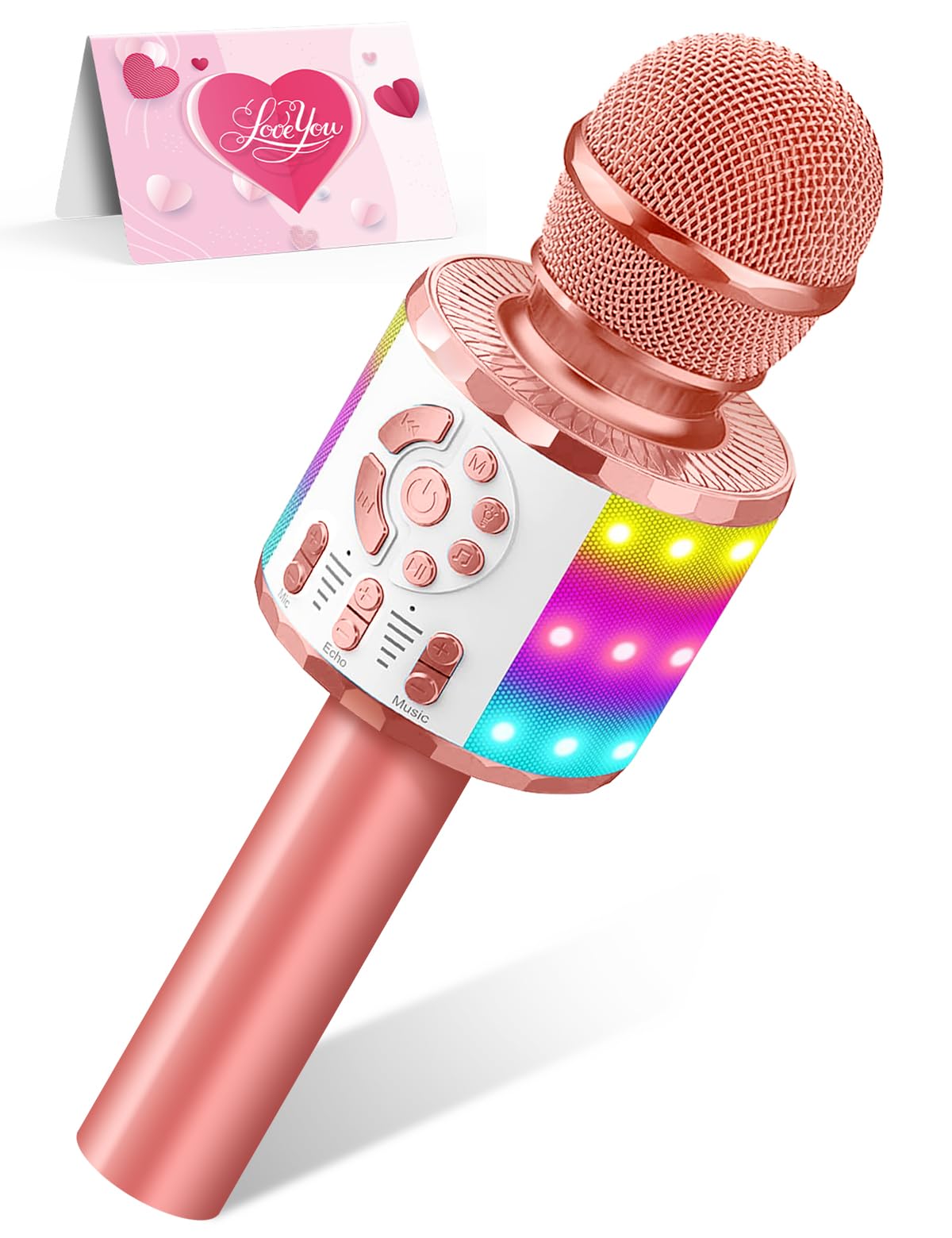 Creattop Rose Gold Kids Karaoke Microphone with Bluetooth 5.3, LED Lights, Voice Changer, 6-Hour Battery, Gift for Ages 3-12