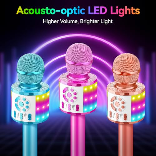 Creattop Rose Gold Kids Karaoke Microphone with Bluetooth 5.3, LED Lights, Voice Changer, 6-Hour Battery, Gift for Ages 3-12