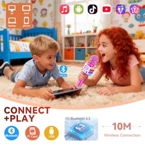 Creattop Rose Gold Kids Karaoke Microphone with Bluetooth 5.3, LED Lights, Voice Changer, 6-Hour Battery, Gift for Ages 3-12