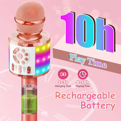 Creattop Rose Gold Kids Karaoke Microphone with Bluetooth 5.3, LED Lights, Voice Changer, 6-Hour Battery, Gift for Ages 3-12