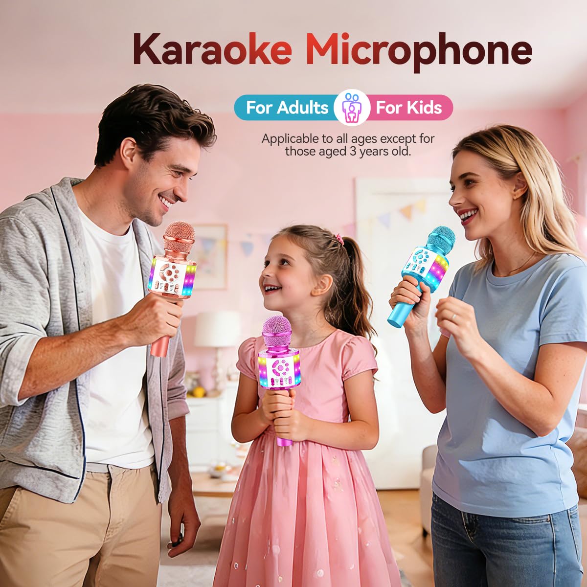 Creattop Rose Gold Kids Karaoke Microphone with Bluetooth 5.3, LED Lights, Voice Changer, 6-Hour Battery, Gift for Ages 3-12