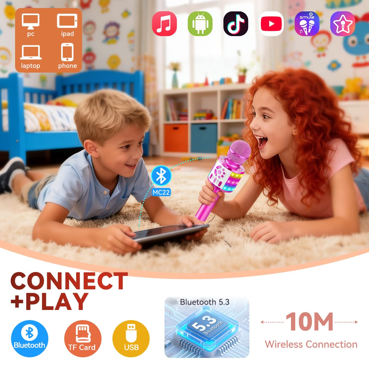 Creattop Rose Gold Kids Karaoke Microphone with Bluetooth 5.3, LED Lights, Voice Changer, 6-Hour Battery, Gift for Ages 3-12