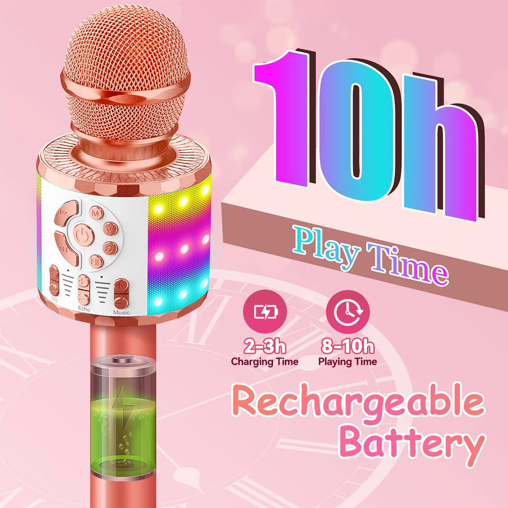 Creattop Rose Gold Kids Karaoke Microphone with Bluetooth 5.3, LED Lights, Voice Changer, 6-Hour Battery, Gift for Ages 3-12