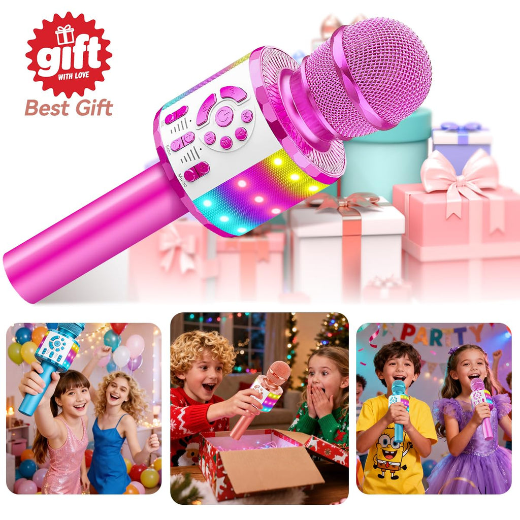 Creattop Rose Gold Kids Karaoke Microphone with Bluetooth 5.3, LED Lights, Voice Changer, 6-Hour Battery, Gift for Ages 3-12