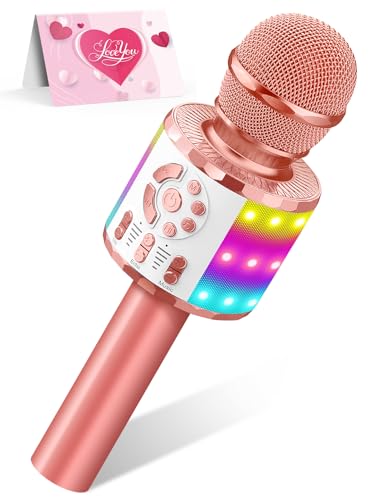 Creattop Rose Gold Kids Karaoke Microphone with Bluetooth 5.3, LED Lights, Voice Changer, 6-Hour Battery, Gift for Ages 3-12