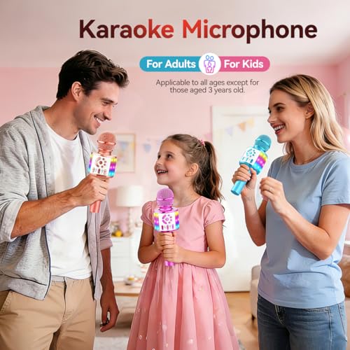 Creattop Rose Gold Kids Karaoke Microphone with Bluetooth 5.3, LED Lights, Voice Changer, 6-Hour Battery, Gift for Ages 3-12