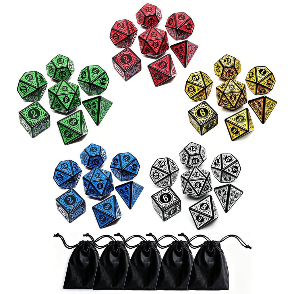 CREEBUY 5 Pack Polyhedral Dice Set – 35 Acrylic D&D Dice with Vintage Pattern and Gold Numbers