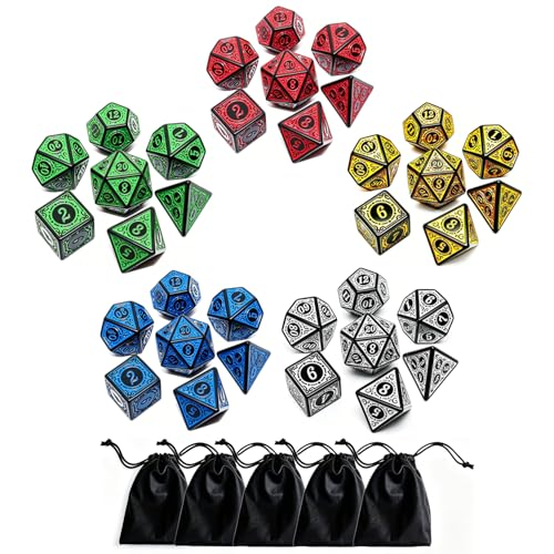 CREEBUY 5 Pack Polyhedral Dice Set – 35 Acrylic D&D Dice with Vintage Pattern and Gold Numbers