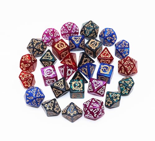 CREEBUY 5 Pack Polyhedral DND Dice Set - 35 Vintage Dragon-Patterned Acrylic Dice (D4-D20) with Pouch