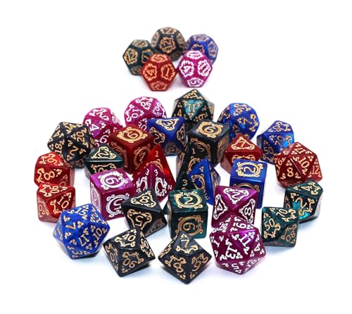 CREEBUY 5 Pack Polyhedral DND Dice Set - 35 Vintage Dragon-Patterned Acrylic Dice (D4-D20) with Pouch