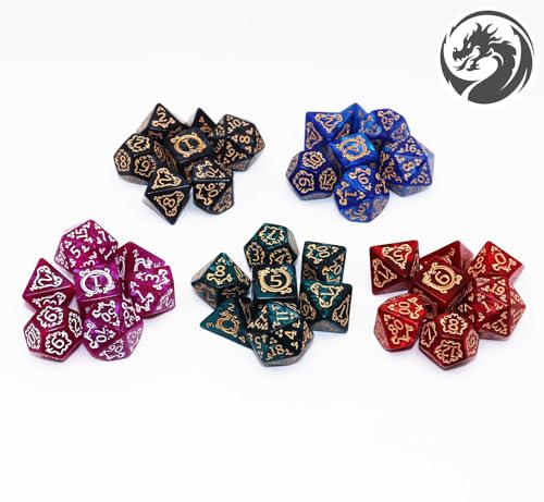 CREEBUY 5 Pack Polyhedral DND Dice Set - 35 Vintage Dragon-Patterned Acrylic Dice (D4-D20) with Pouch