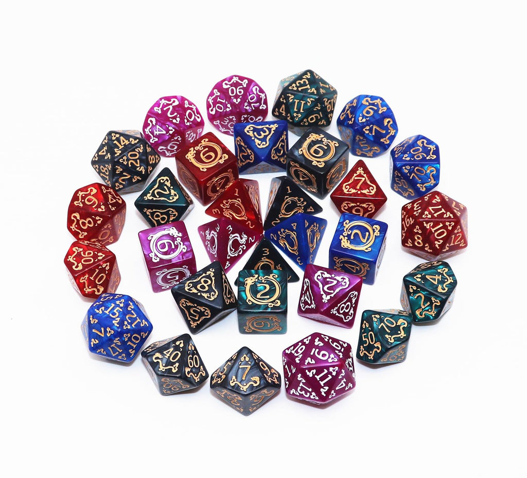 CREEBUY 5 Pack Polyhedral DND Dice Set - 35 Vintage Dragon-Patterned Acrylic Dice (D4-D20) with Pouch