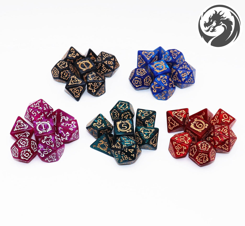 CREEBUY 5 Pack Polyhedral DND Dice Set - 35 Vintage Dragon-Patterned Acrylic Dice (D4-D20) with Pouch