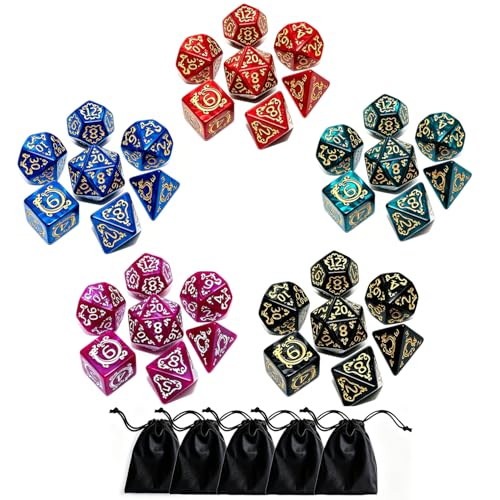 CREEBUY 5 Pack Polyhedral DND Dice Set - 35 Vintage Dragon-Patterned Acrylic Dice (D4-D20) with Pouch