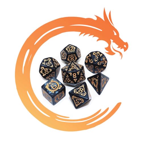 CREEBUY 5 Pack Polyhedral DND Dice Set - 35 Vintage Dragon-Patterned Acrylic Dice (D4-D20) with Pouch