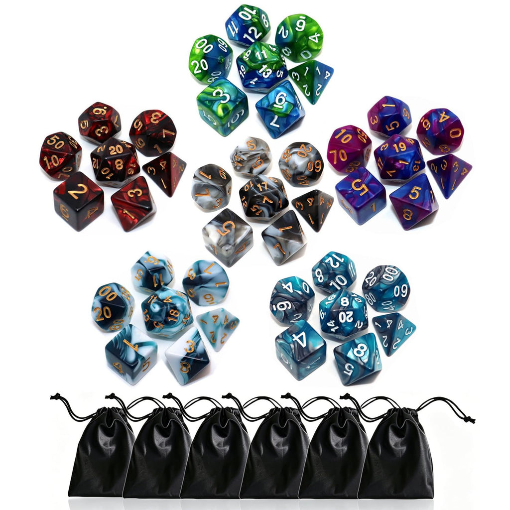 CREEBUY 6-Pack Polyhedral Dice Set – 42 Acrylic D&D Dice with Gold Numbers and Storage Bags