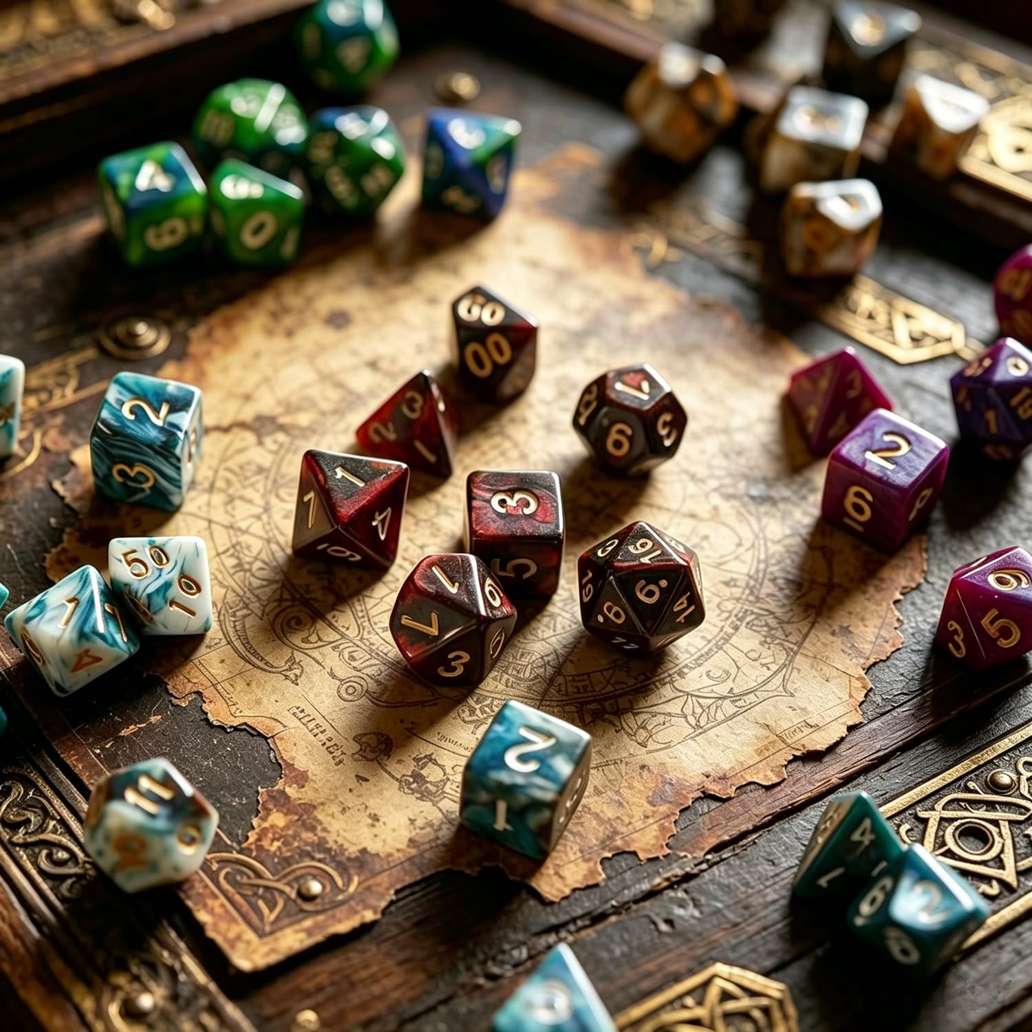 CREEBUY 6-Pack Polyhedral Dice Set – 42 Acrylic D&D Dice with Gold Numbers and Storage Bags