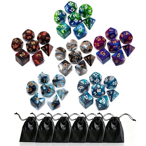 CREEBUY 6-Pack Polyhedral Dice Set – 42 Acrylic D&D Dice with Gold Numbers and Storage Bags