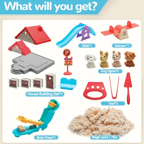 Crelloci Construction Sand Toy Set: 1.7 lbs Magic Sand, House Molds, & Dog Play Set for Ages 3-8