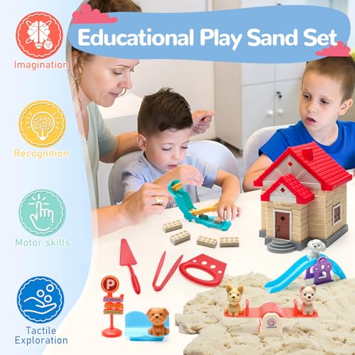 Crelloci Construction Sand Toy Set: 1.7 lbs Magic Sand, House Molds, & Dog Play Set for Ages 3-8