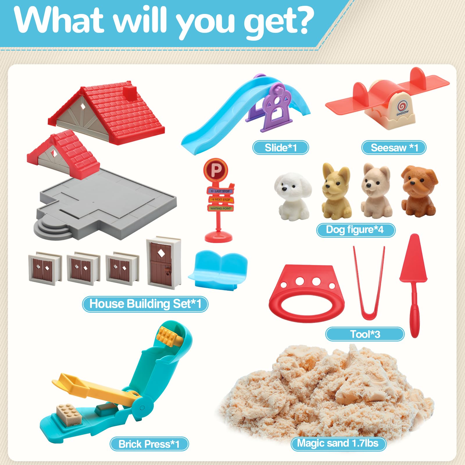 Crelloci Construction Sand Toy Set: 1.7 lbs Magic Sand, House Molds, & Dog Play Set for Ages 3-8