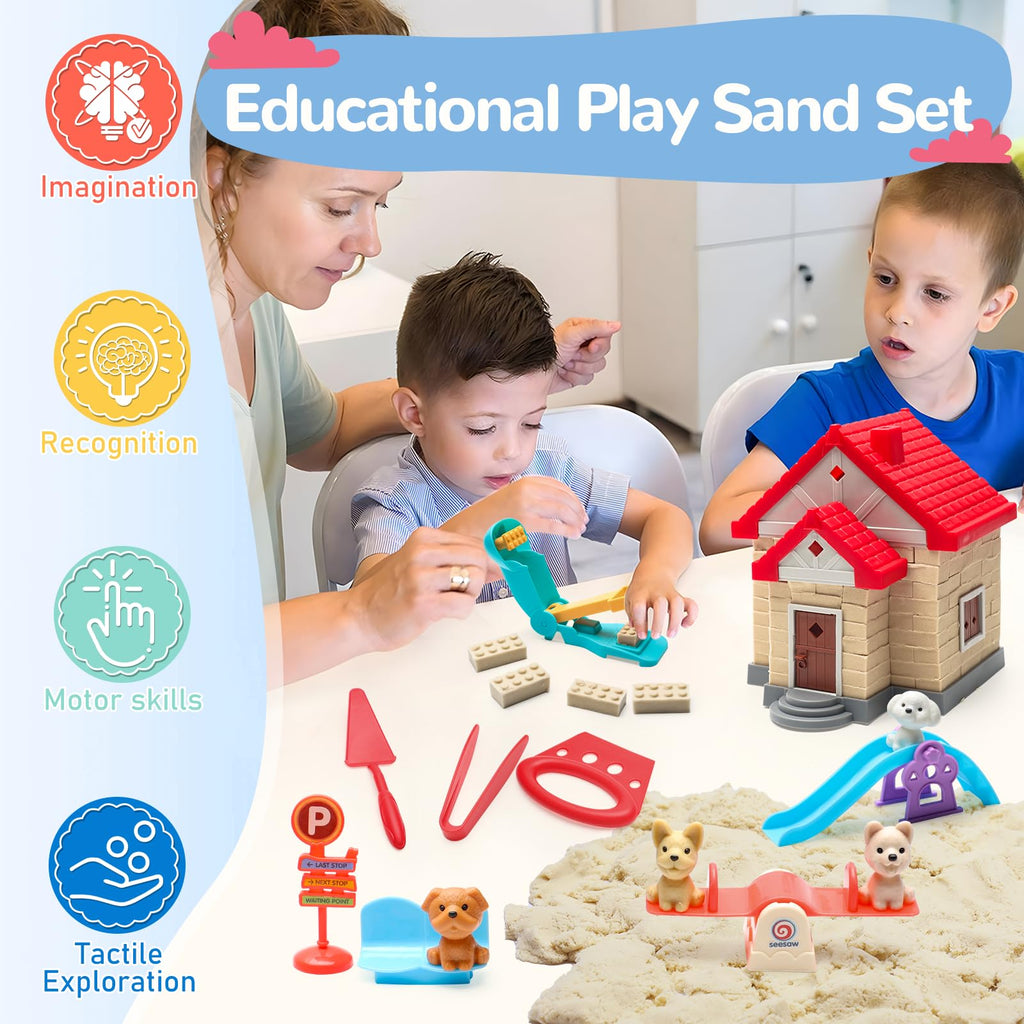 Crelloci Construction Sand Toy Set: 1.7 lbs Magic Sand, House Molds, & Dog Play Set for Ages 3-8